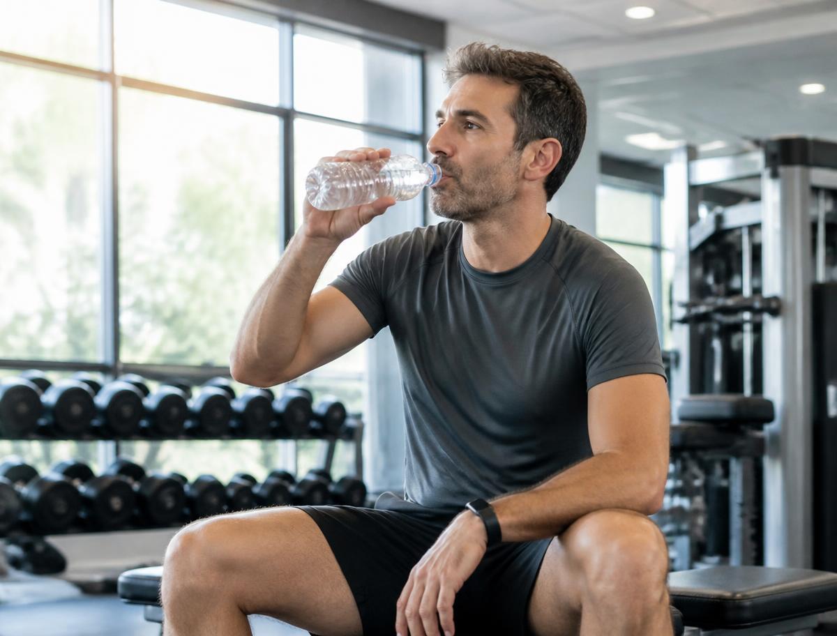 Adult man taking a water break on a bench in an everyday gym