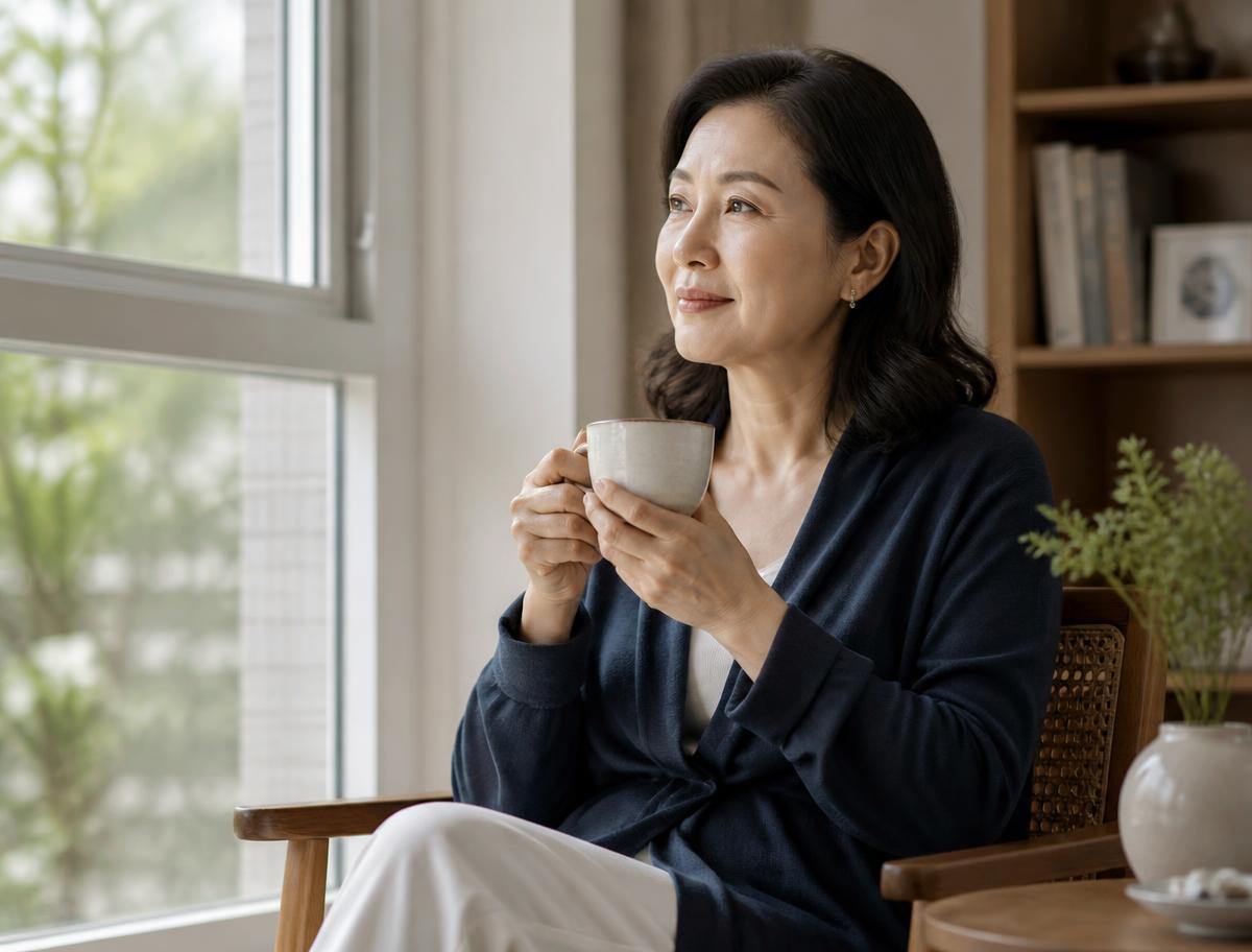 Adult sitting calmly by a sunlit window at home with a warm drink