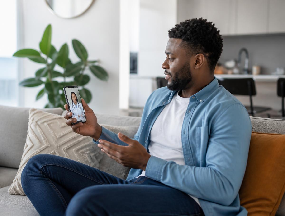Adult joining a private virtual health consultation on a phone at home