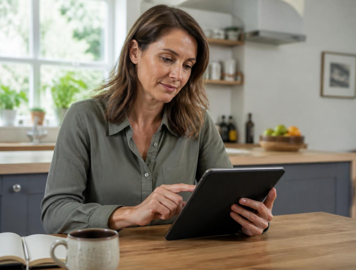 Adult completing an online health intake on a tablet at a kitchen table