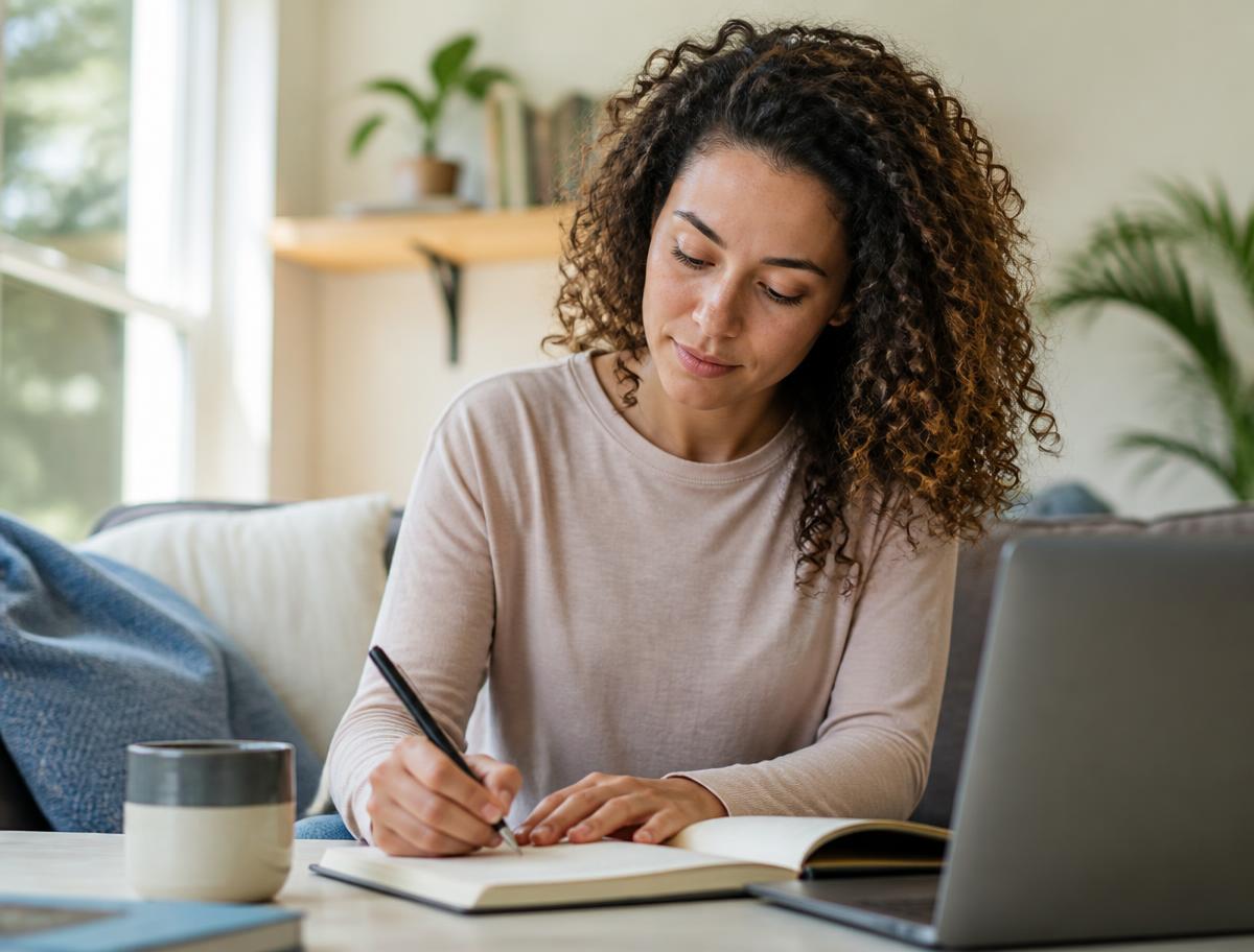 Adult writing notes at home beside a laptop before a private consultation
