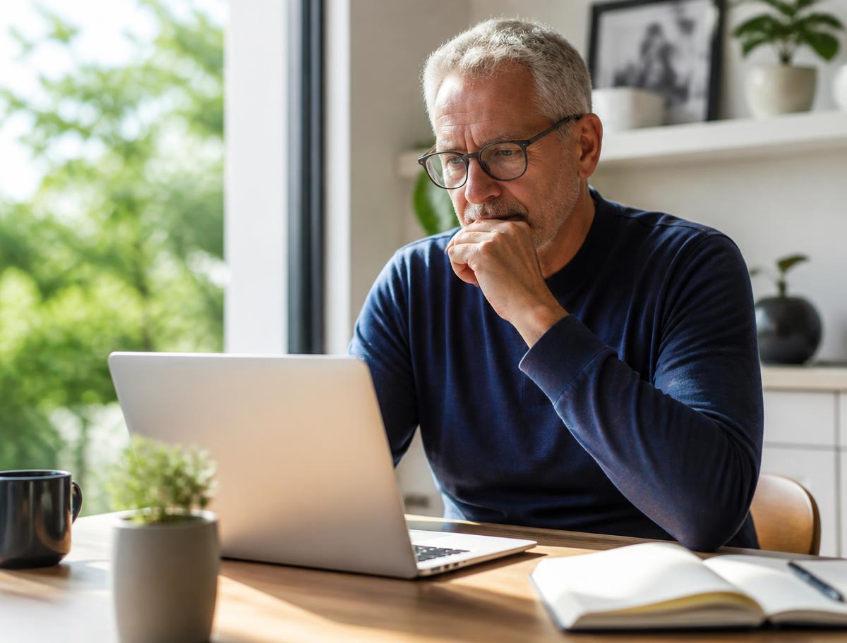 Adult reviewing a health summary on a laptop in a sunlit room at home