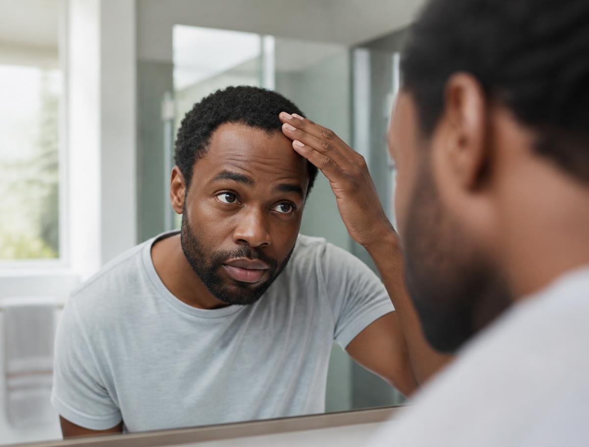 Adult examining his hairline in a bathroom mirror in natural daylight