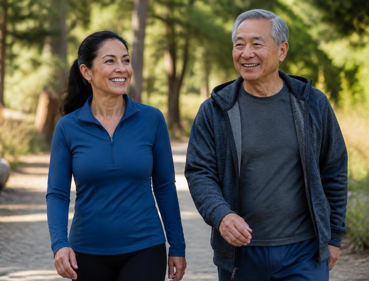 Two adults walking outdoors on a tree-lined path on an ordinary morning
