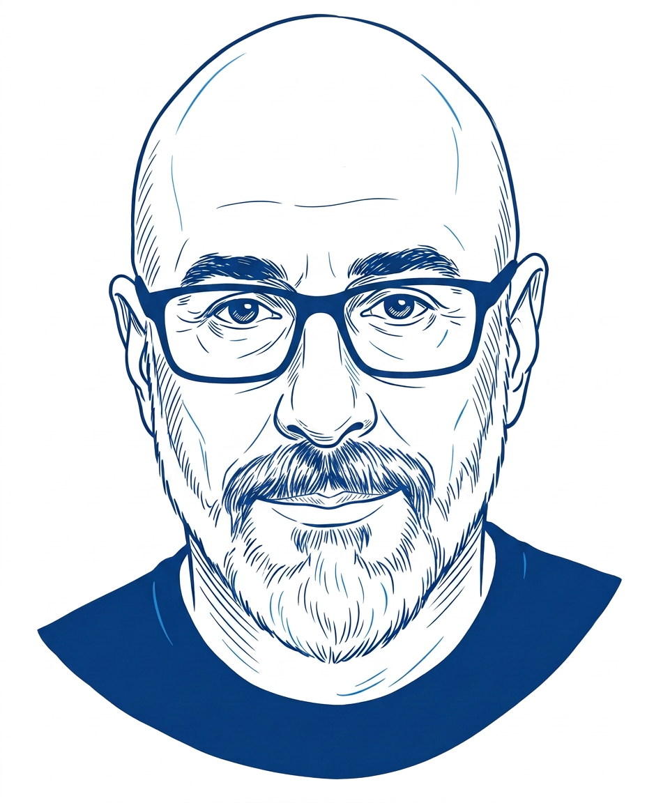 Line-art portrait of Rod Hardesty