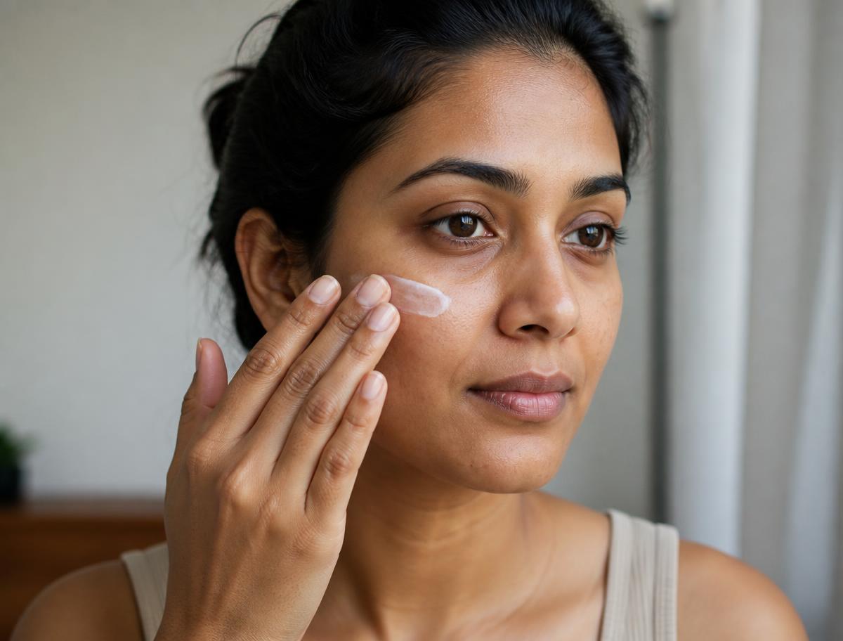 Close-up of an adult with natural skin texture following a simple skincare step